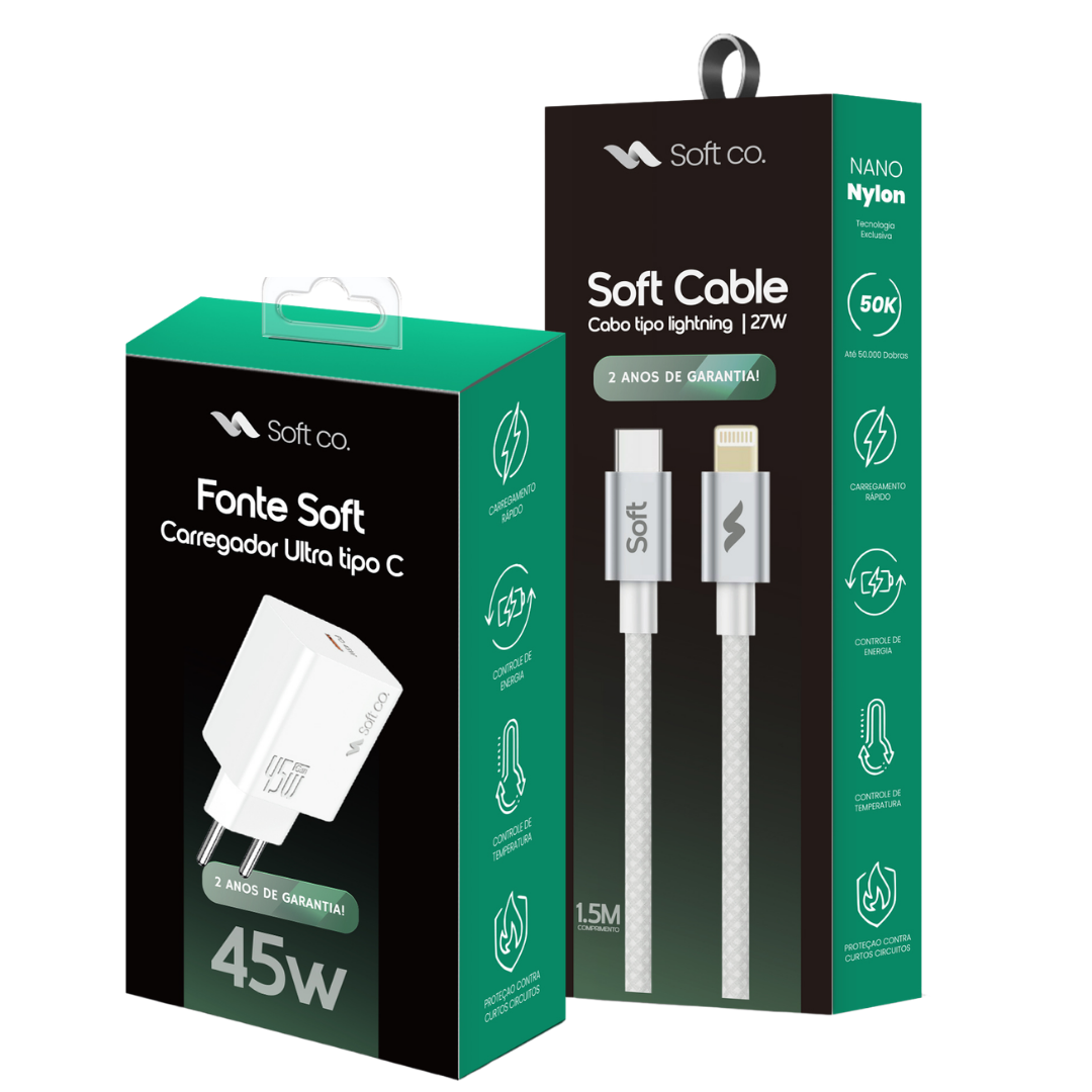 Combo Lightning - Carregador Ultra + Cabo Lightning Soft Cable 1.5M