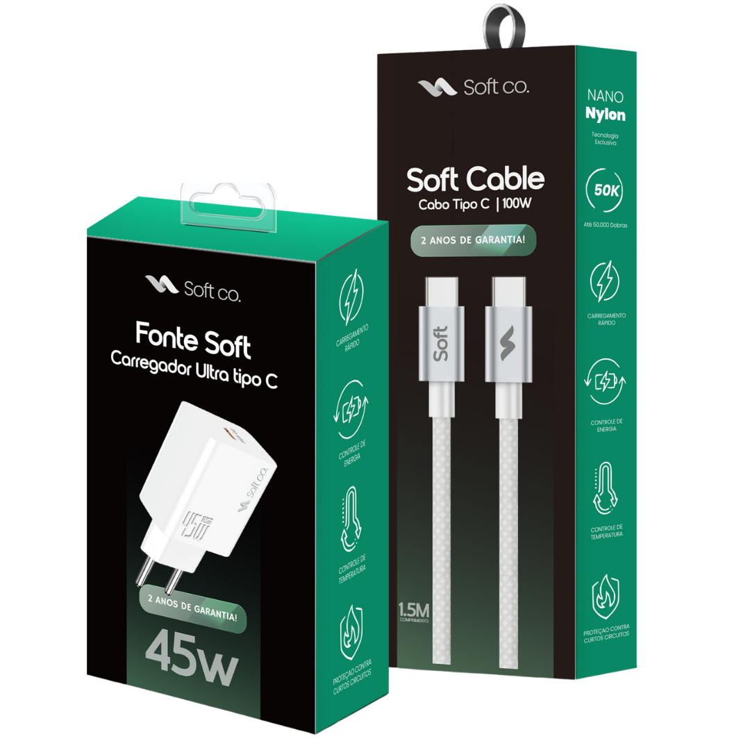 Combo Tipo C - Carregador Ultra + Cabo Tipo C - Soft Cable 1.5M